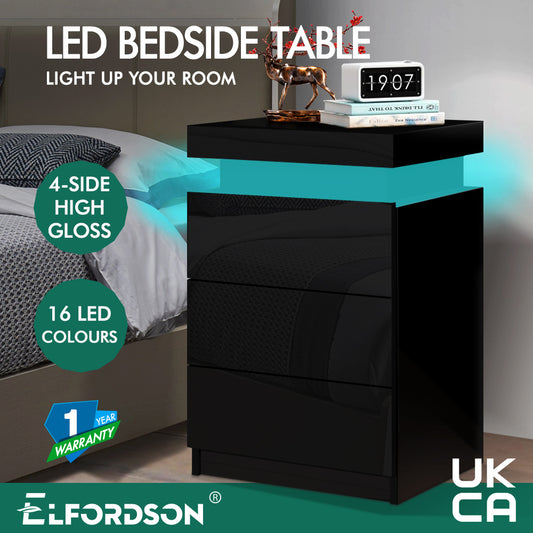 ELFORDSON Bedside Table RGB LED Nightstand 3 Drawers 4 Side High Gloss Black