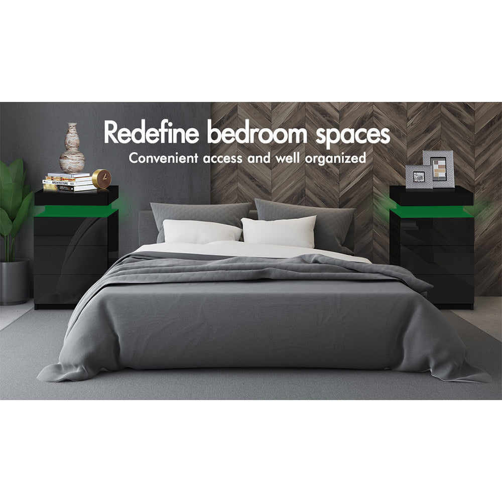 ELFORDSON Bedside Table RGB LED Nightstand 3 Drawers 4 Side High Gloss Black