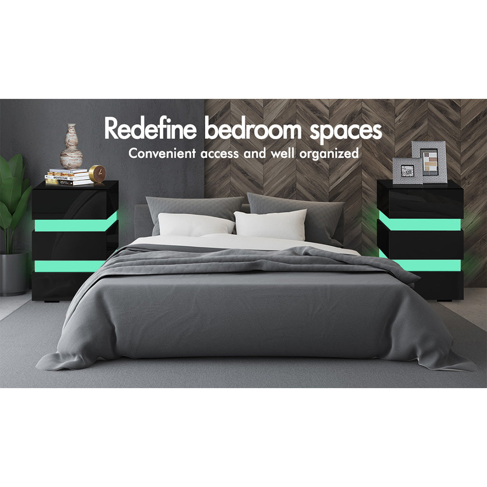 ELFORDSON Bedside Table RGB LED Nightstand 3 Drawers 4 Side High Gloss Black