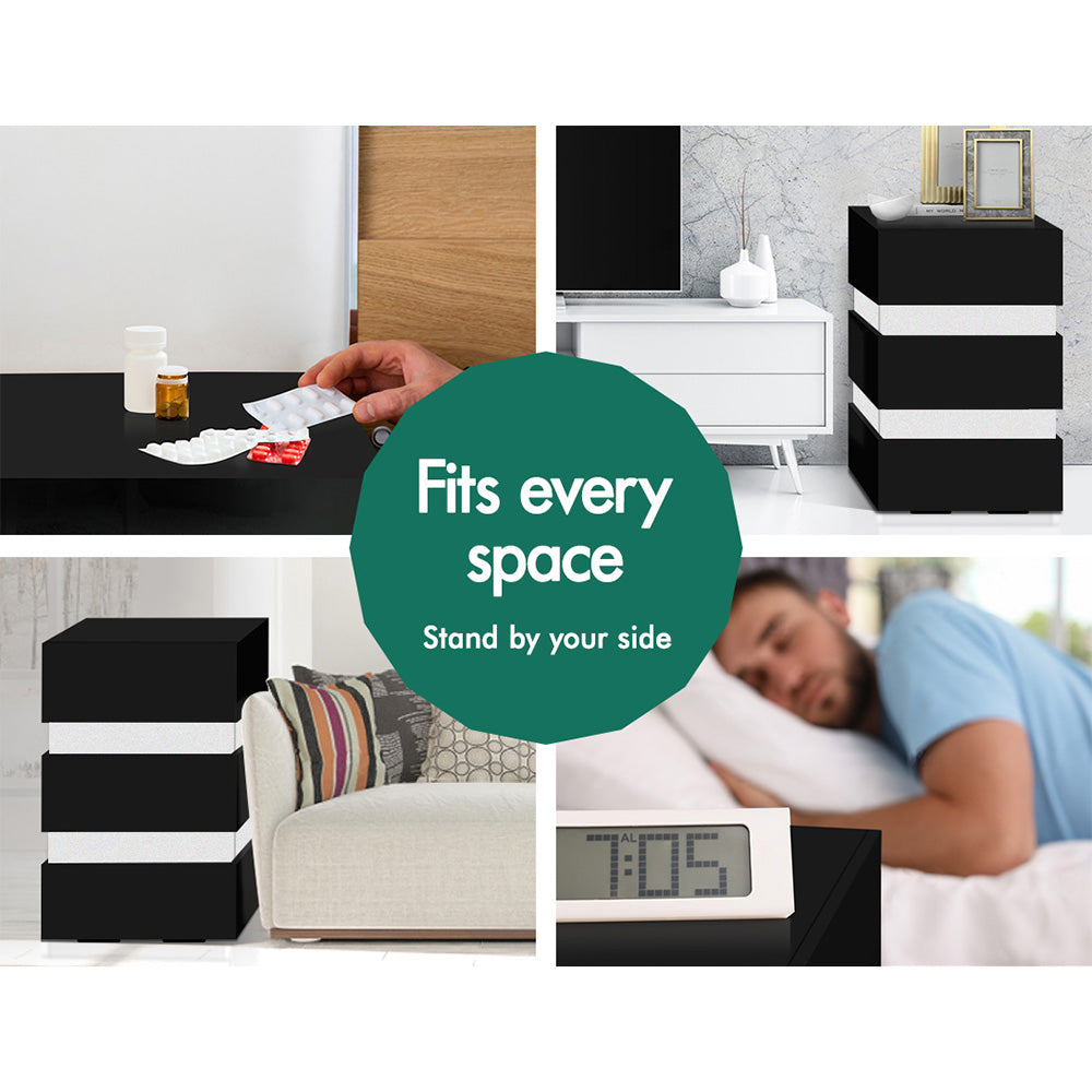 ELFORDSON Bedside Table RGB LED Nightstand 3 Drawers 4 Side High Gloss Black