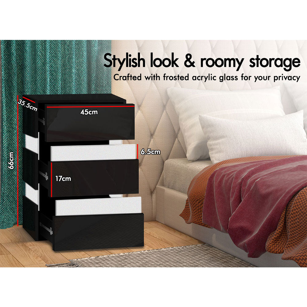 ELFORDSON Bedside Table RGB LED Nightstand 3 Drawers 4 Side High Gloss Black
