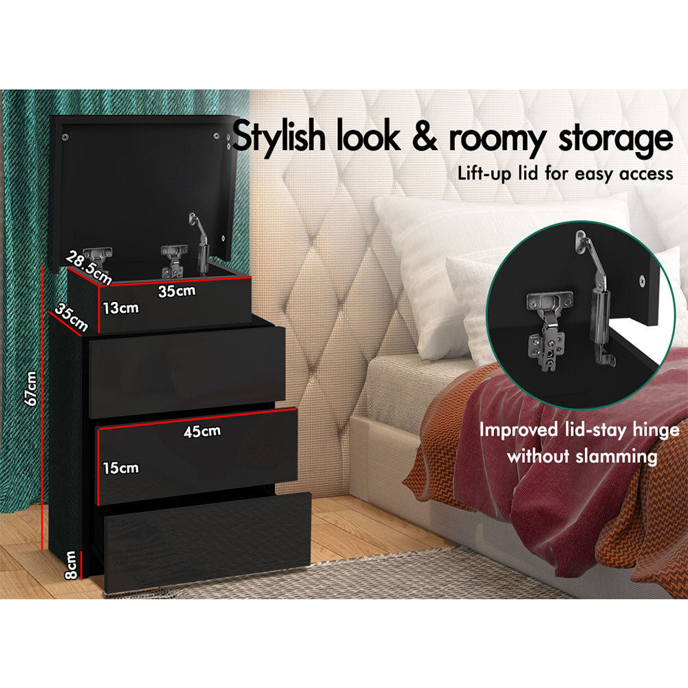 ELFORDSON Bedside Table RGB LED Nightstand 3 Drawers 4 Side High Gloss Black