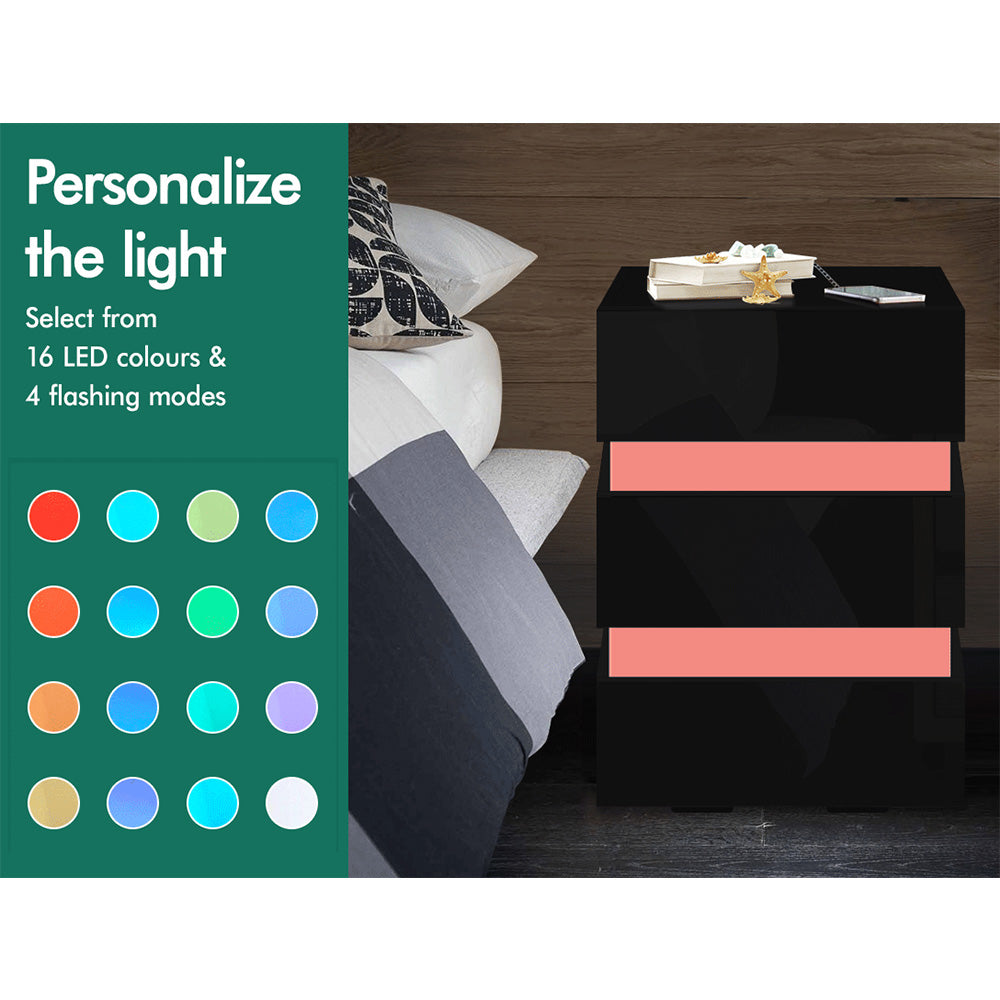 ELFORDSON Bedside Table RGB LED Nightstand 3 Drawers 4 Side High Gloss Black