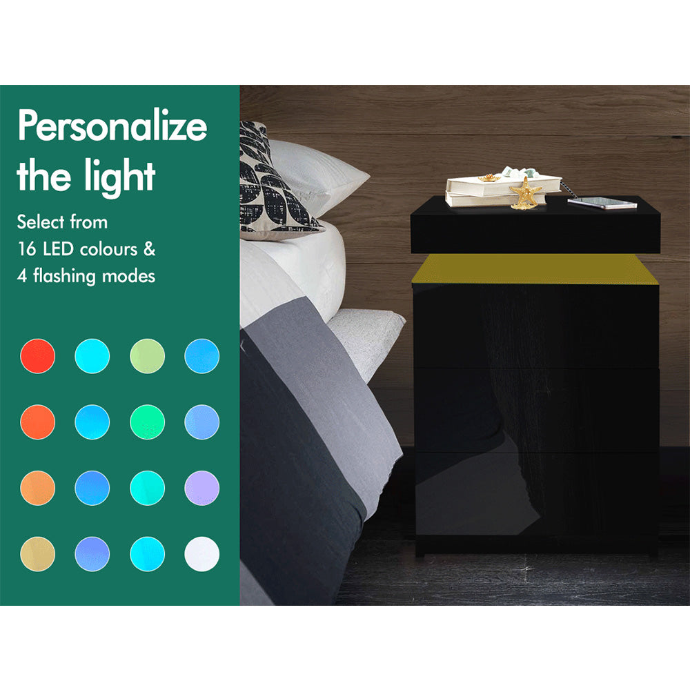 ELFORDSON Bedside Table RGB LED Nightstand 3 Drawers 4 Side High Gloss Black