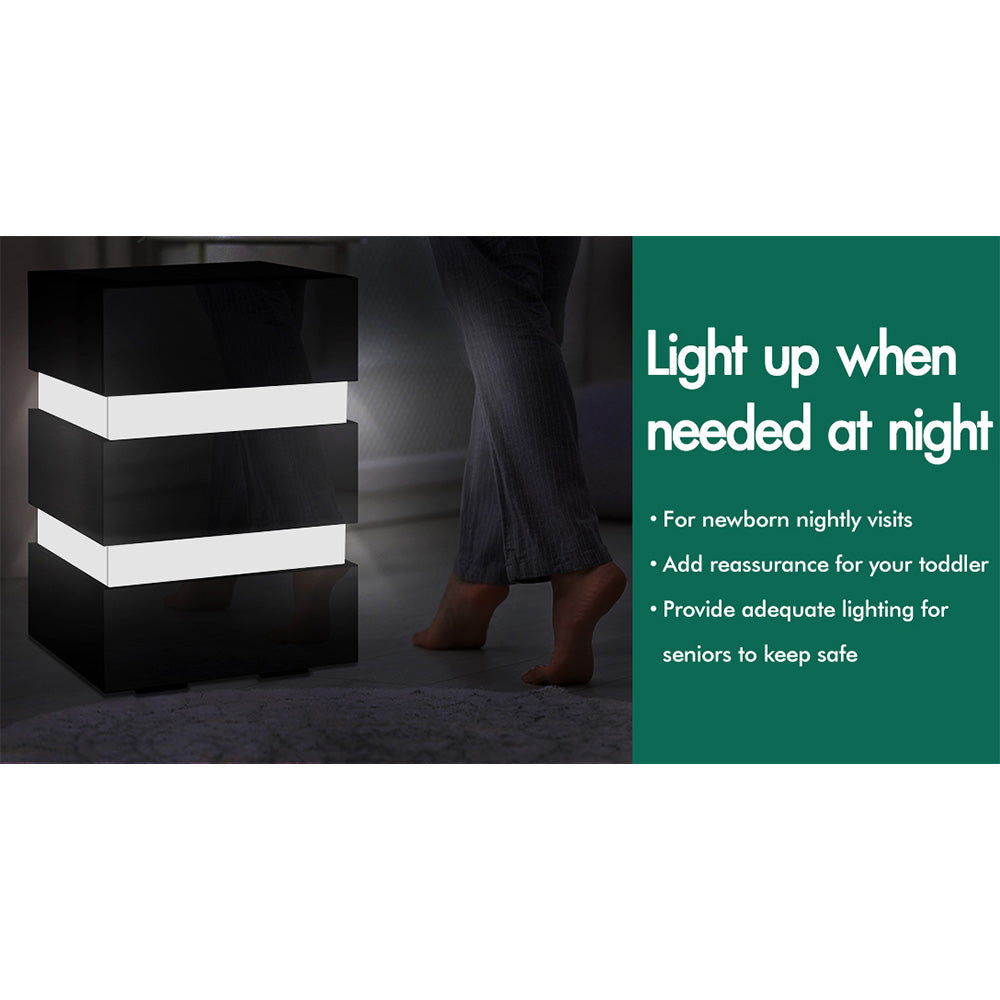 ELFORDSON Bedside Table RGB LED Nightstand 3 Drawers 4 Side High Gloss Black