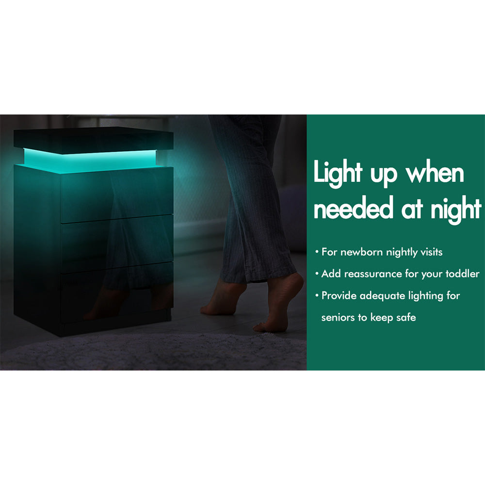 ELFORDSON Bedside Table RGB LED Nightstand 3 Drawers 4 Side High Gloss Black