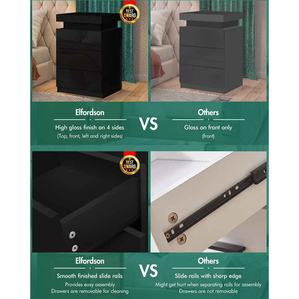 ELFORDSON Bedside Table RGB LED Nightstand 3 Drawers 4 Side High Gloss Black