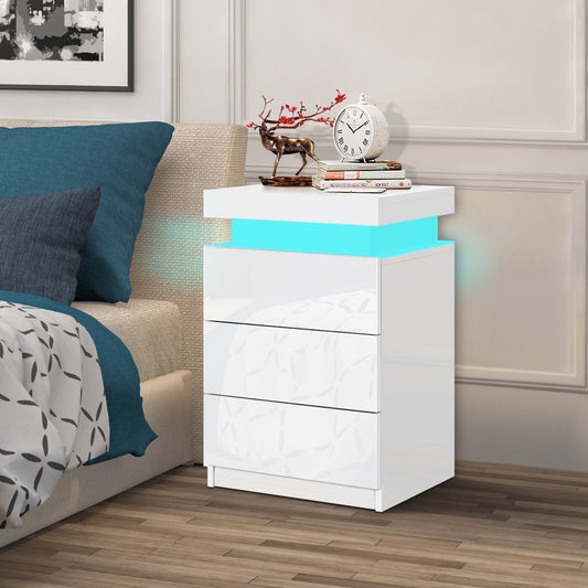 ELFORDSON Bedside Table RGB LED Nightstand 3 Drawers 4 Side High Gloss White