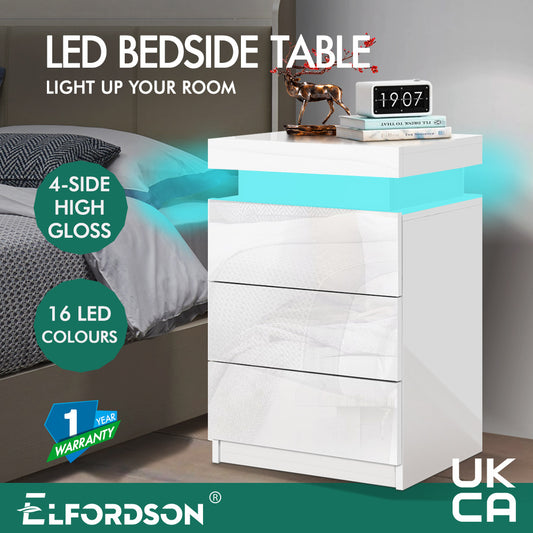 ELFORDSON Bedside Table RGB LED Nightstand 3 Drawers 4 Side High Gloss White