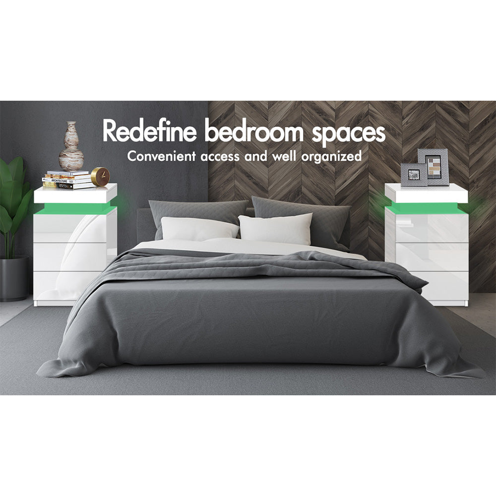 ELFORDSON Bedside Table RGB LED Nightstand 3 Drawers 4 Side High Gloss White