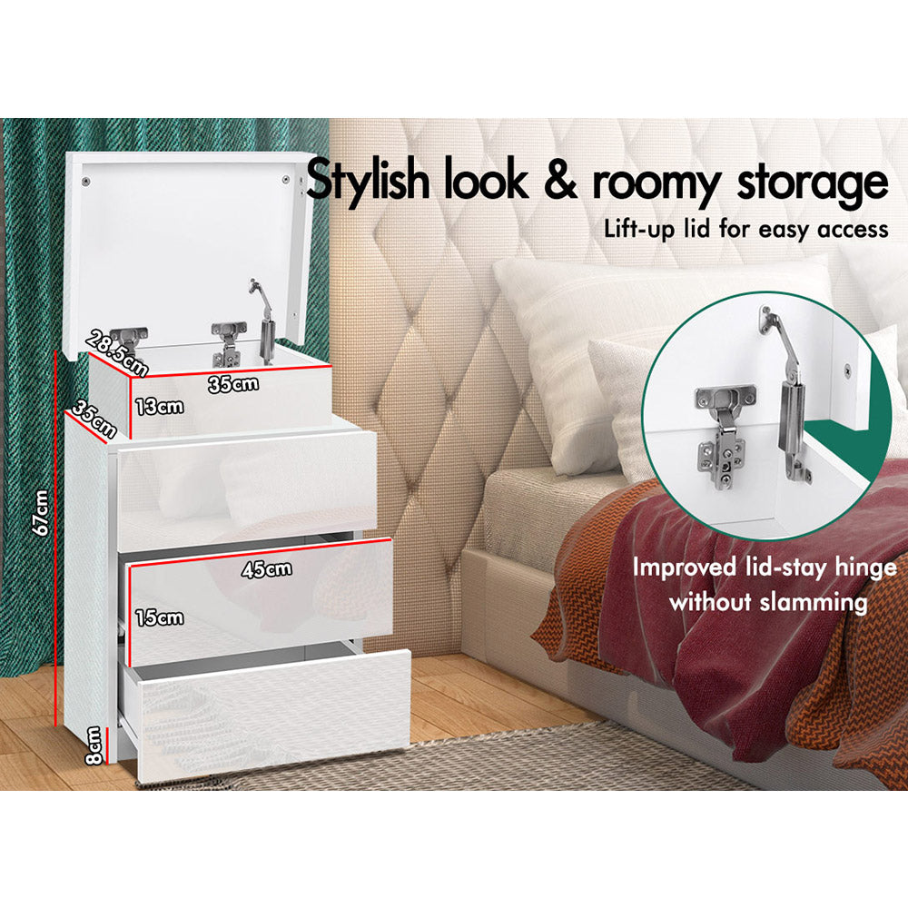 ELFORDSON Bedside Table RGB LED Nightstand 3 Drawers 4 Side High Gloss White