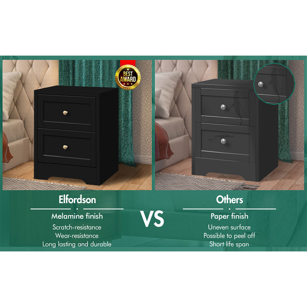 ELFORDSON Bedside Table 2 Drawers Hamptons End Storage Cabinet, Black