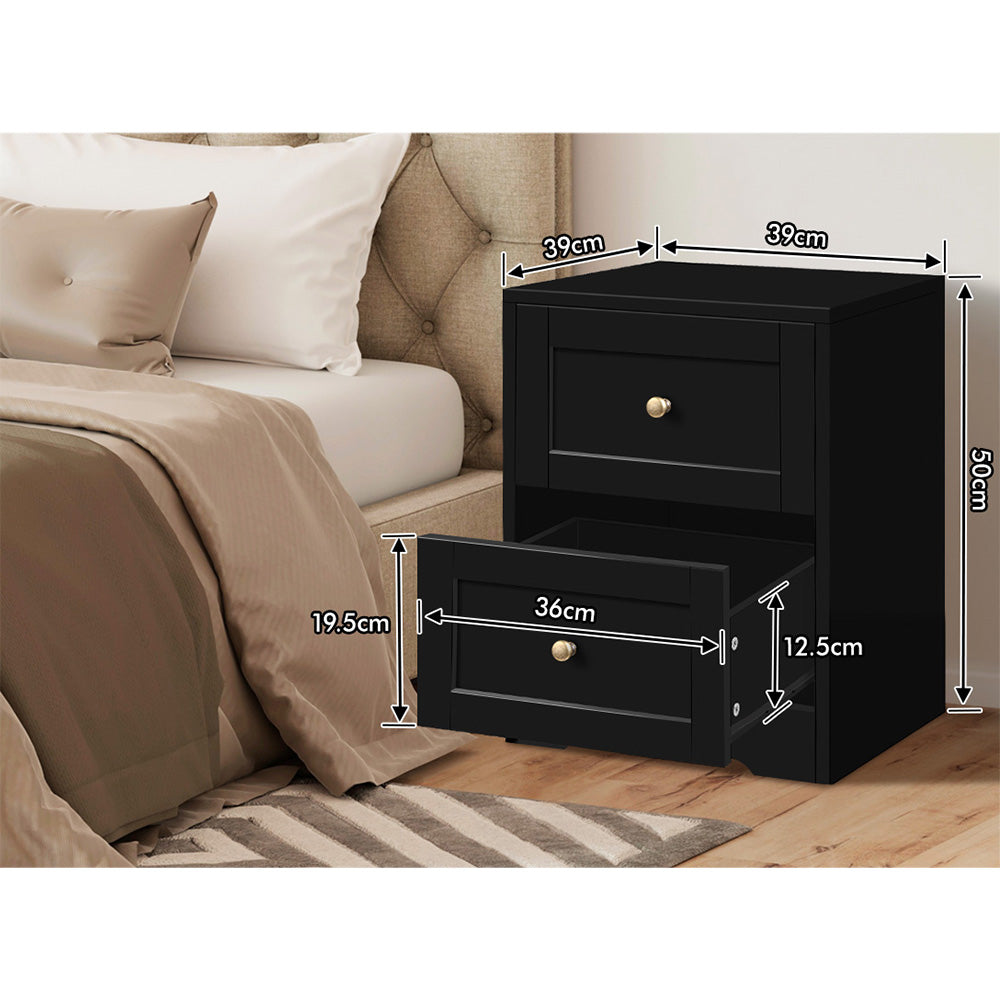 ELFORDSON Bedside Table 2 Drawers Hamptons End Storage Cabinet, Black