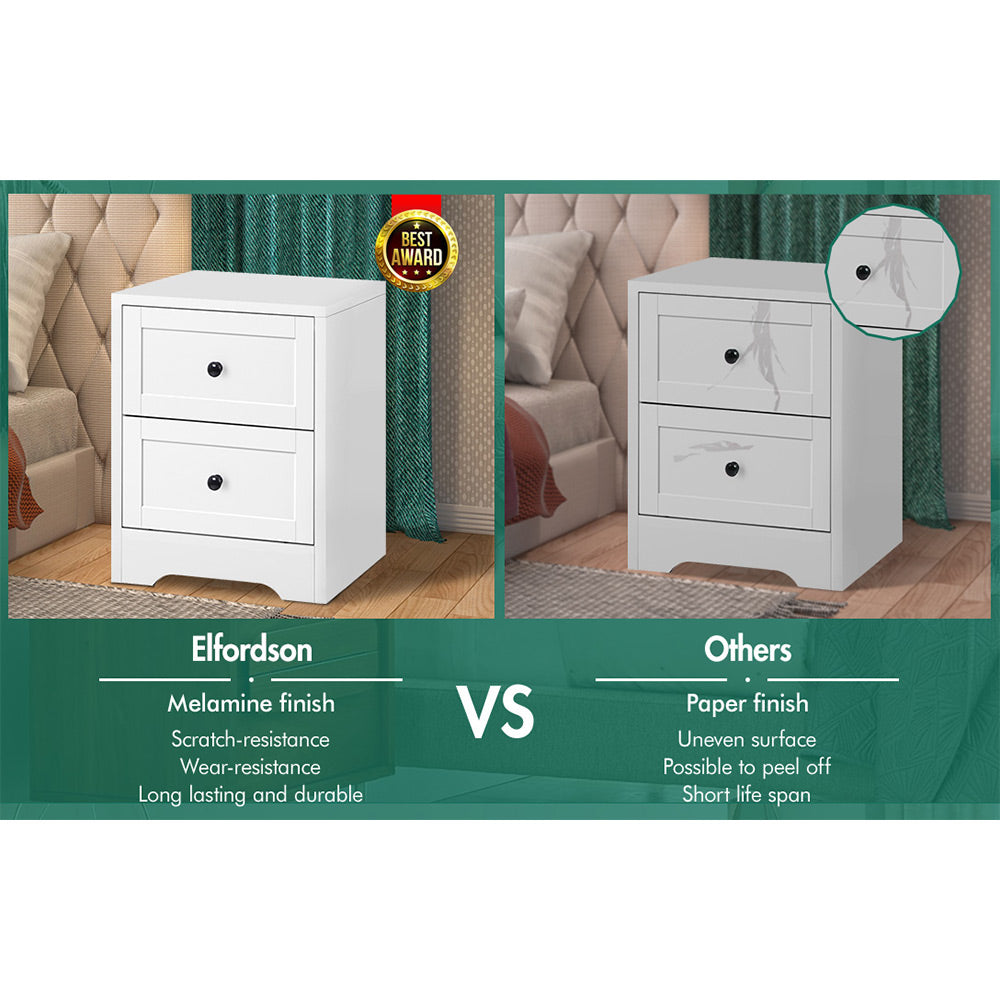 ELFORDSON Bedside Table 2 Drawers Hamptons End Storage Cabinet, White