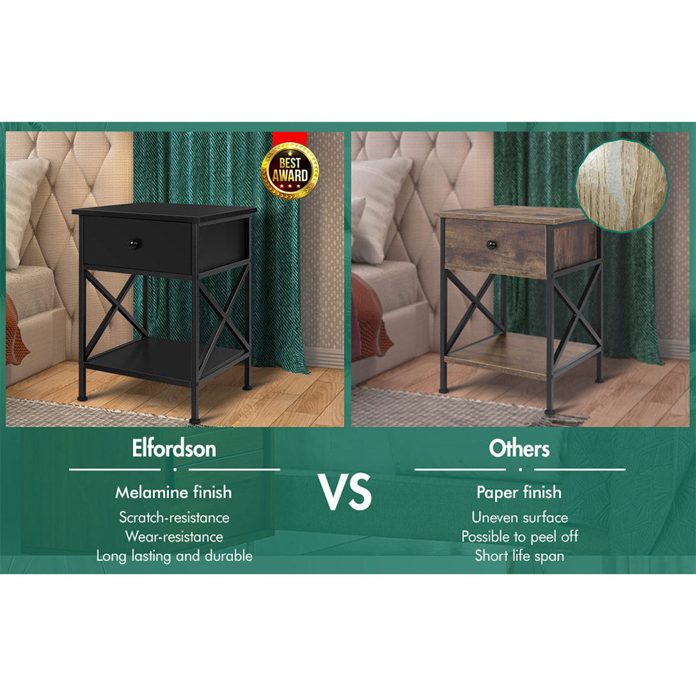 ELFORDSON Bedside Table Retro Wooden Nightstand Storage Side Cabinet, Black