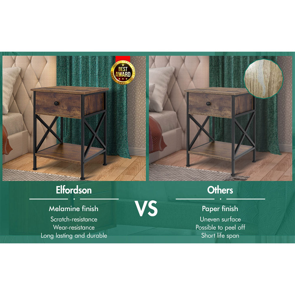 ELFORDSON Bedside Table Retro Wooden Nightstand Storage Side Cabinet, Rustic Brown