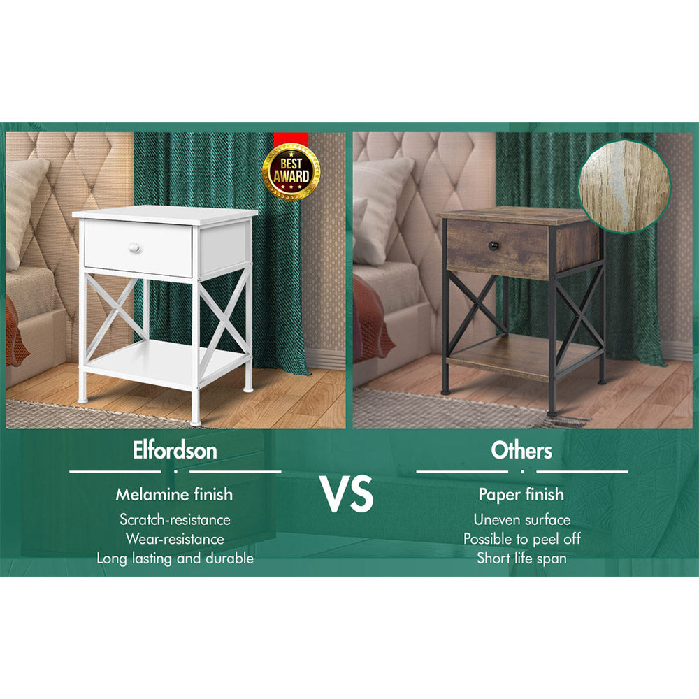 ELFORDSON Bedside Table Retro Wooden Nightstand Storage Side Cabinet, White