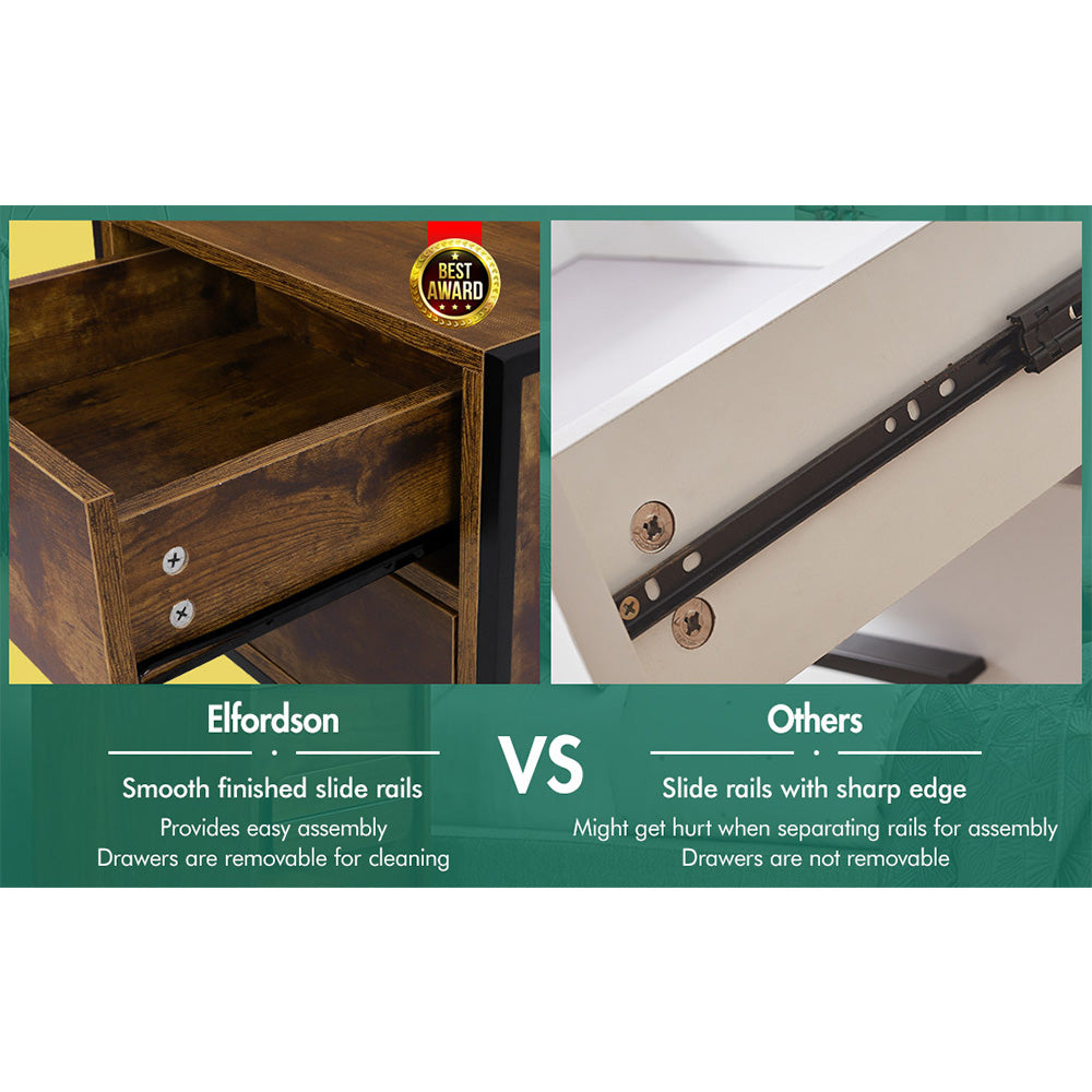 ELFORDSON Bedside Table Retro Wooden Nightstand Storage Side Cabinet, Rustic Brown