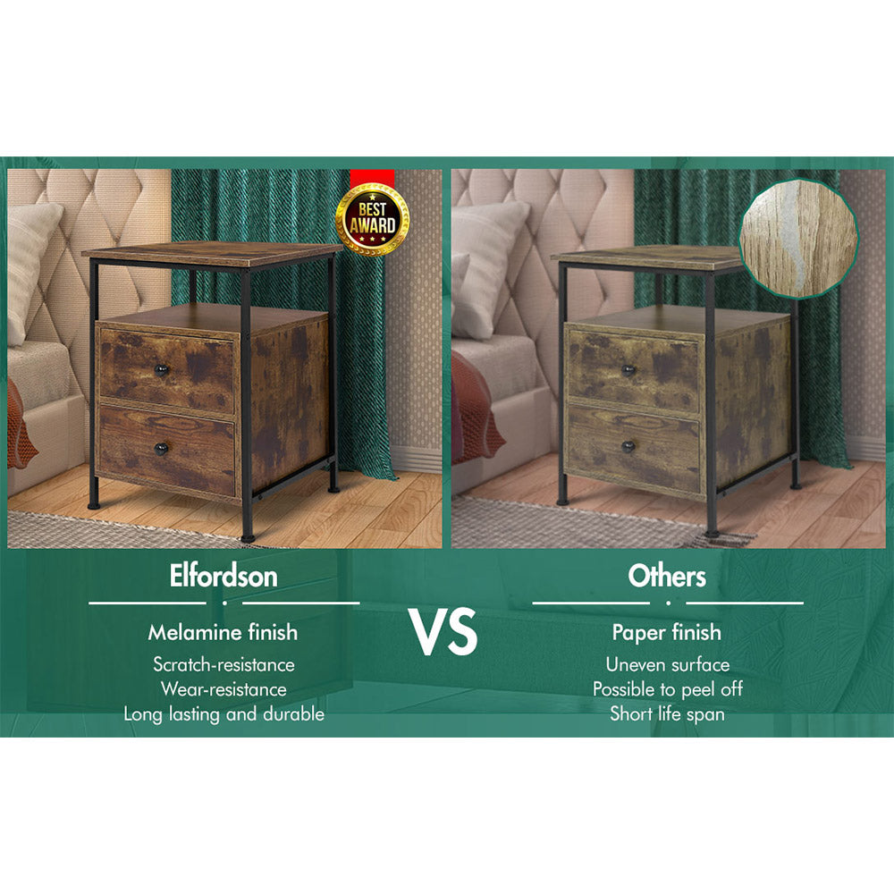 ELFORDSON Bedside Table Retro Wooden Nightstand Storage Side Cabinet, Rustic Brown