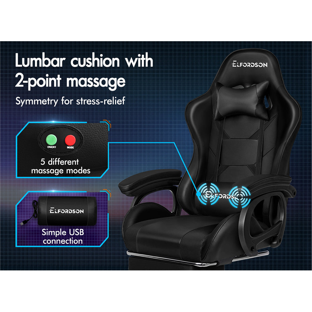 ELFORDSON Gaming Chair Lumbar Massage with Footrest, Black
