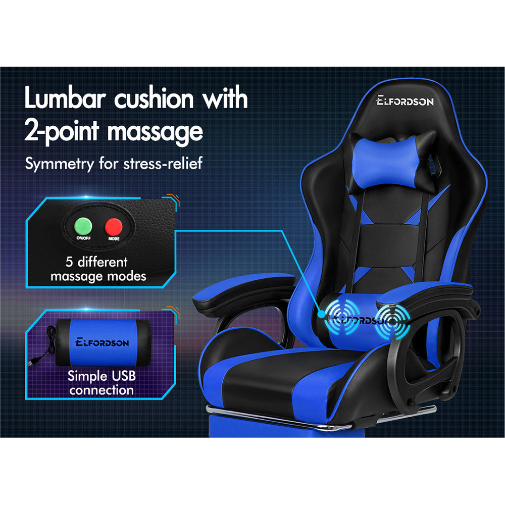 ELFORDSON Gaming Chair Lumbar Massage with Footrest, Blue & Black