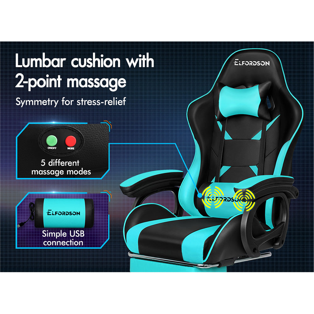 ELFORDSON Gaming Chair Lumbar Massage with Footrest, Cyan & Black