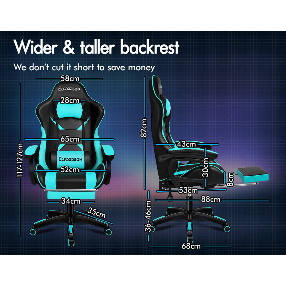 ELFORDSON Gaming Chair Lumbar Massage with Footrest, Cyan & Black