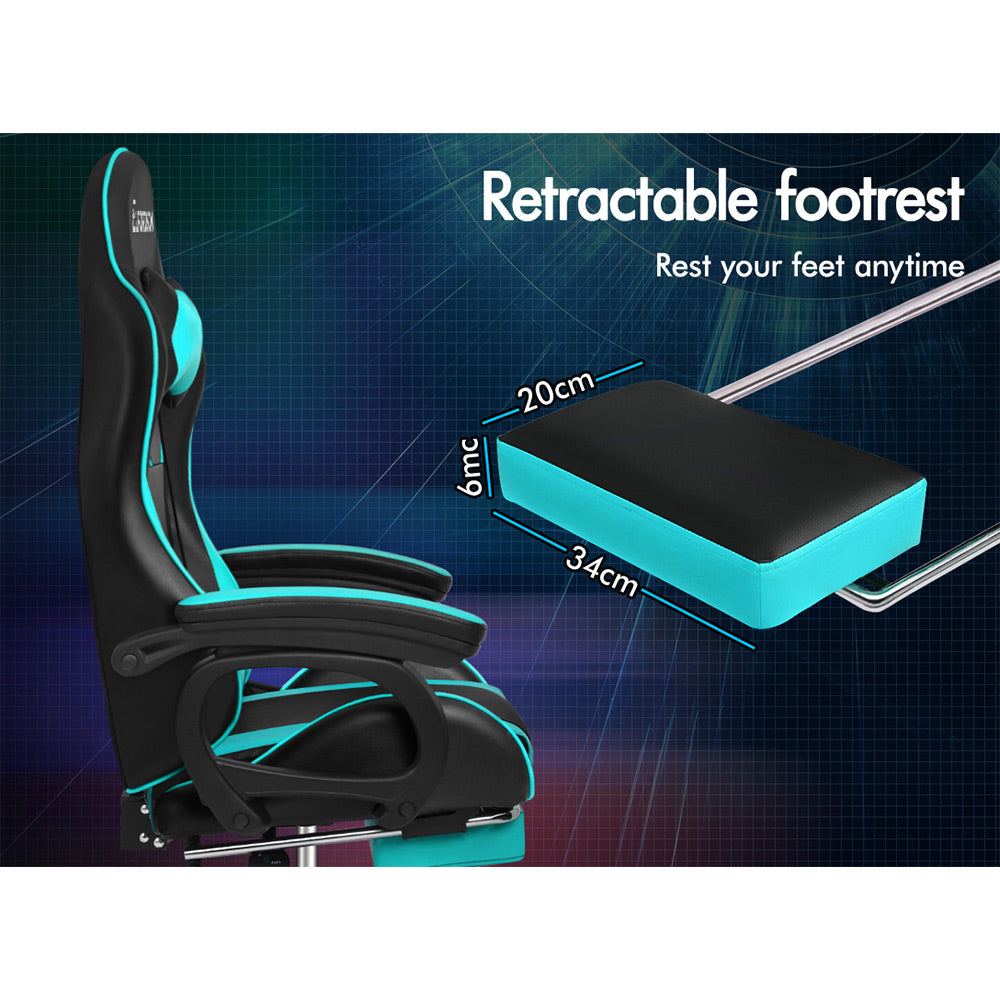 ELFORDSON Gaming Chair Lumbar Massage with Footrest, Cyan & Black
