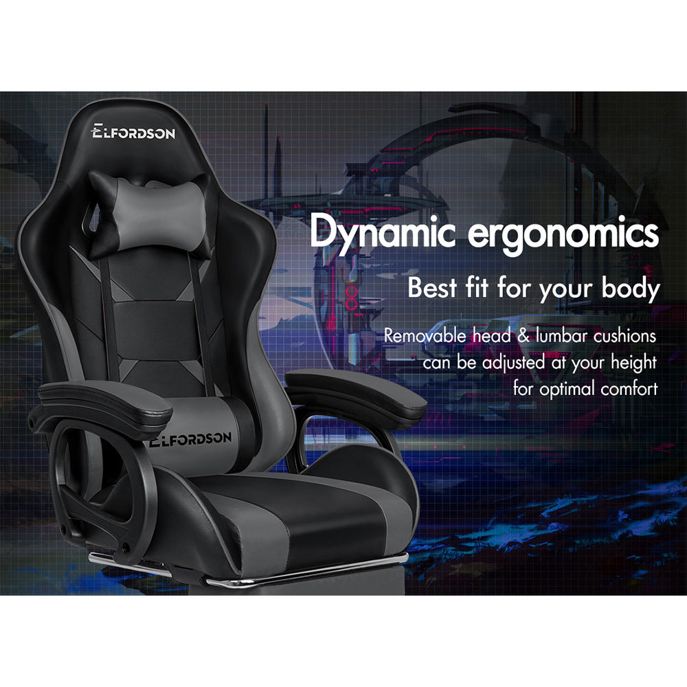 ELFORDSON Gaming Chair Lumbar Massage with Footrest, Grey & Black