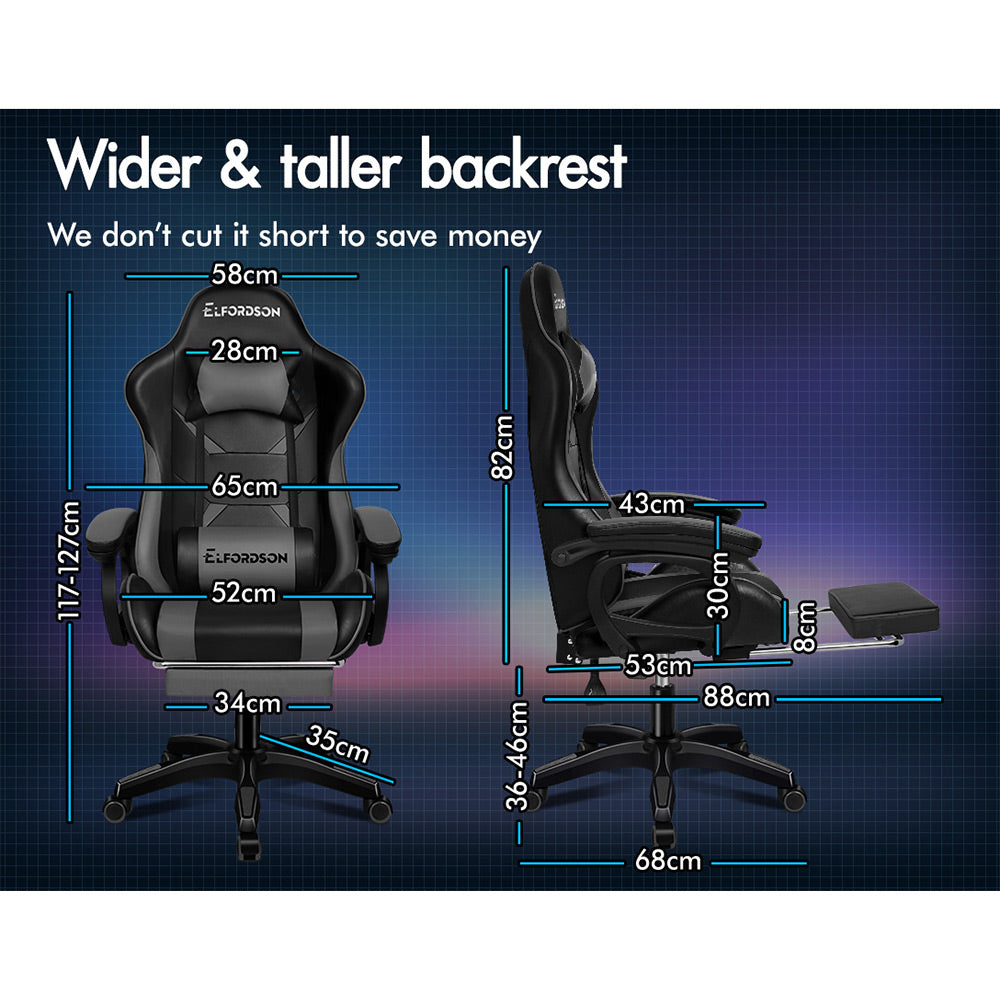 ELFORDSON Gaming Chair Lumbar Massage with Footrest, Grey & Black