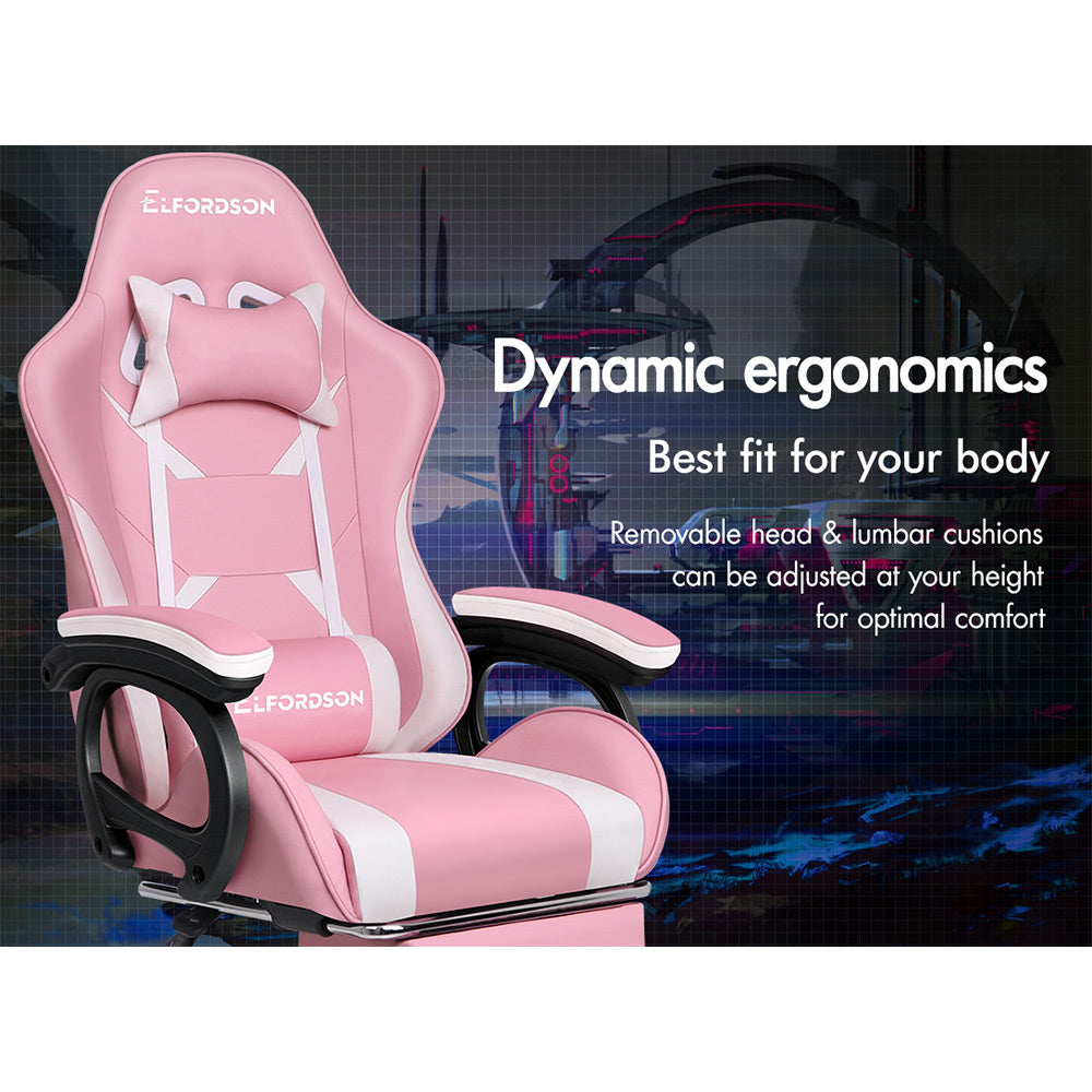 ELFORDSON Gaming Chair Lumbar Massage with Footrest, Pink & White