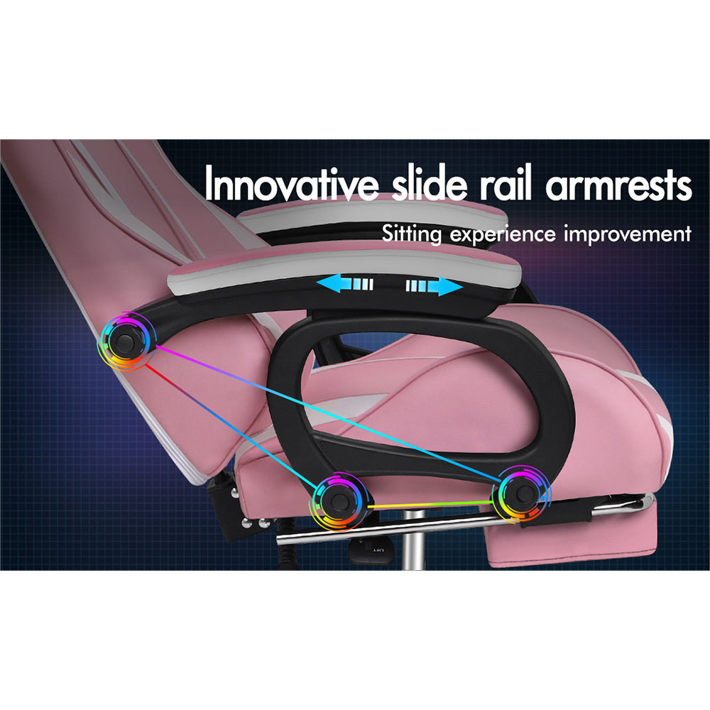 ELFORDSON Gaming Chair Lumbar Massage with Footrest, Pink & White