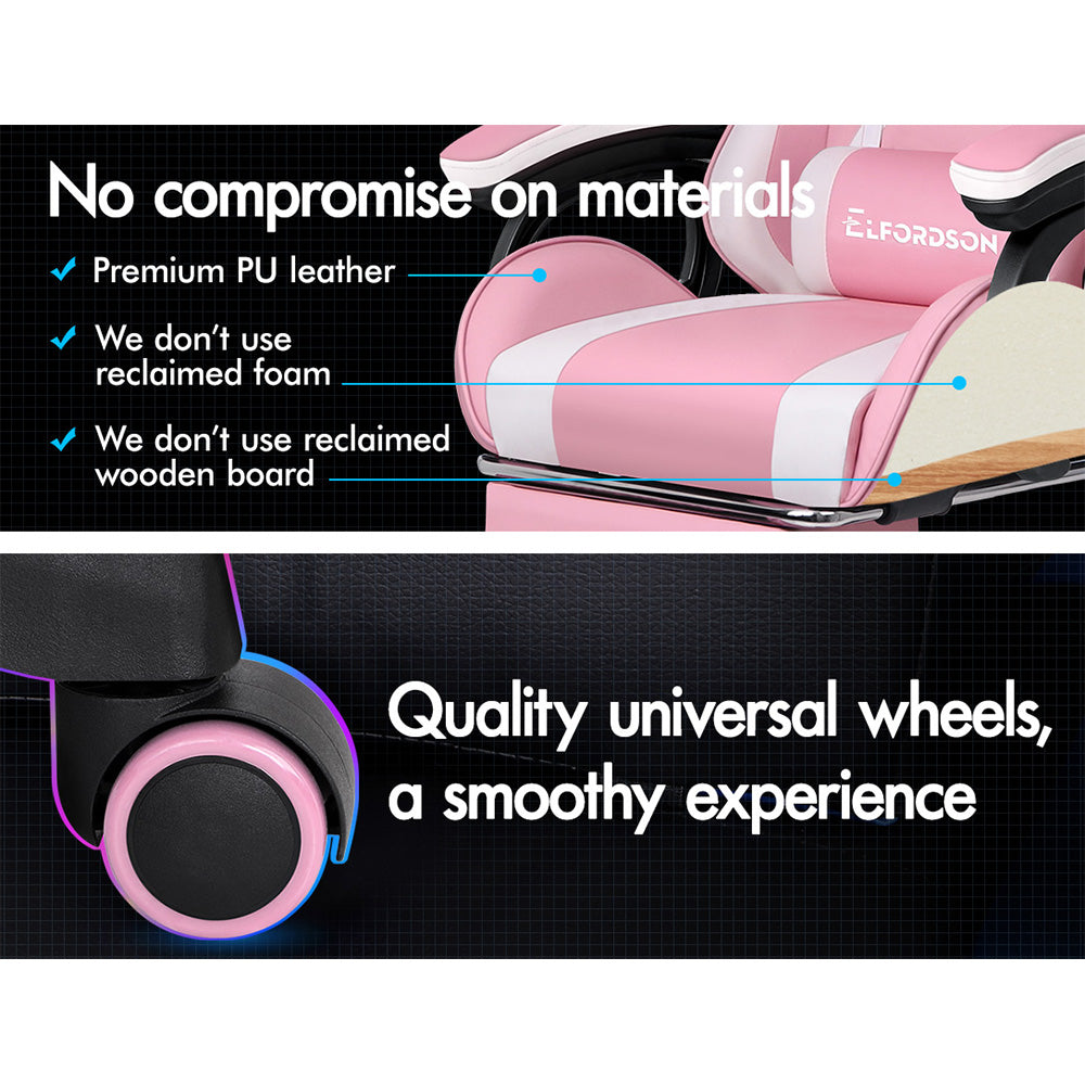 ELFORDSON Gaming Chair Lumbar Massage with Footrest, Pink & White