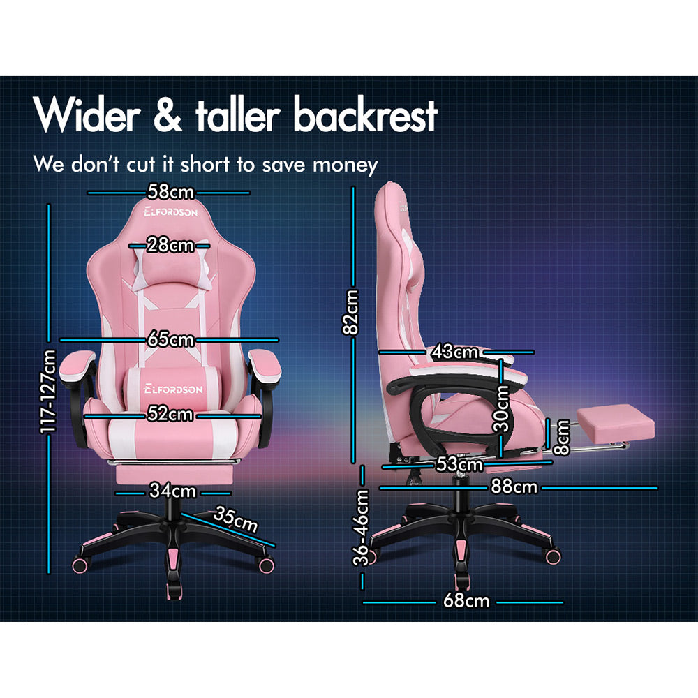 ELFORDSON Gaming Chair Lumbar Massage with Footrest, Pink & White