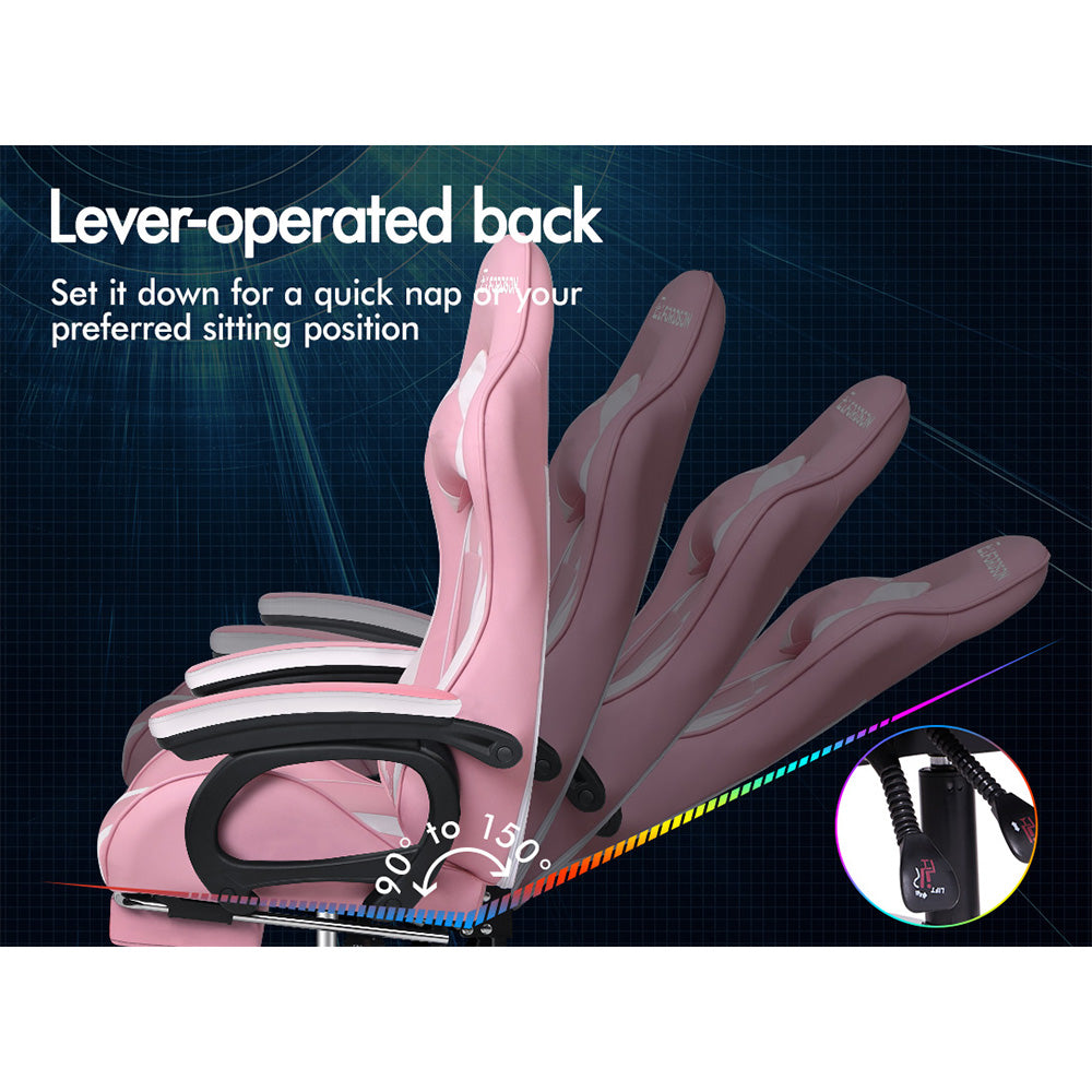ELFORDSON Gaming Chair Lumbar Massage with Footrest, Pink & White