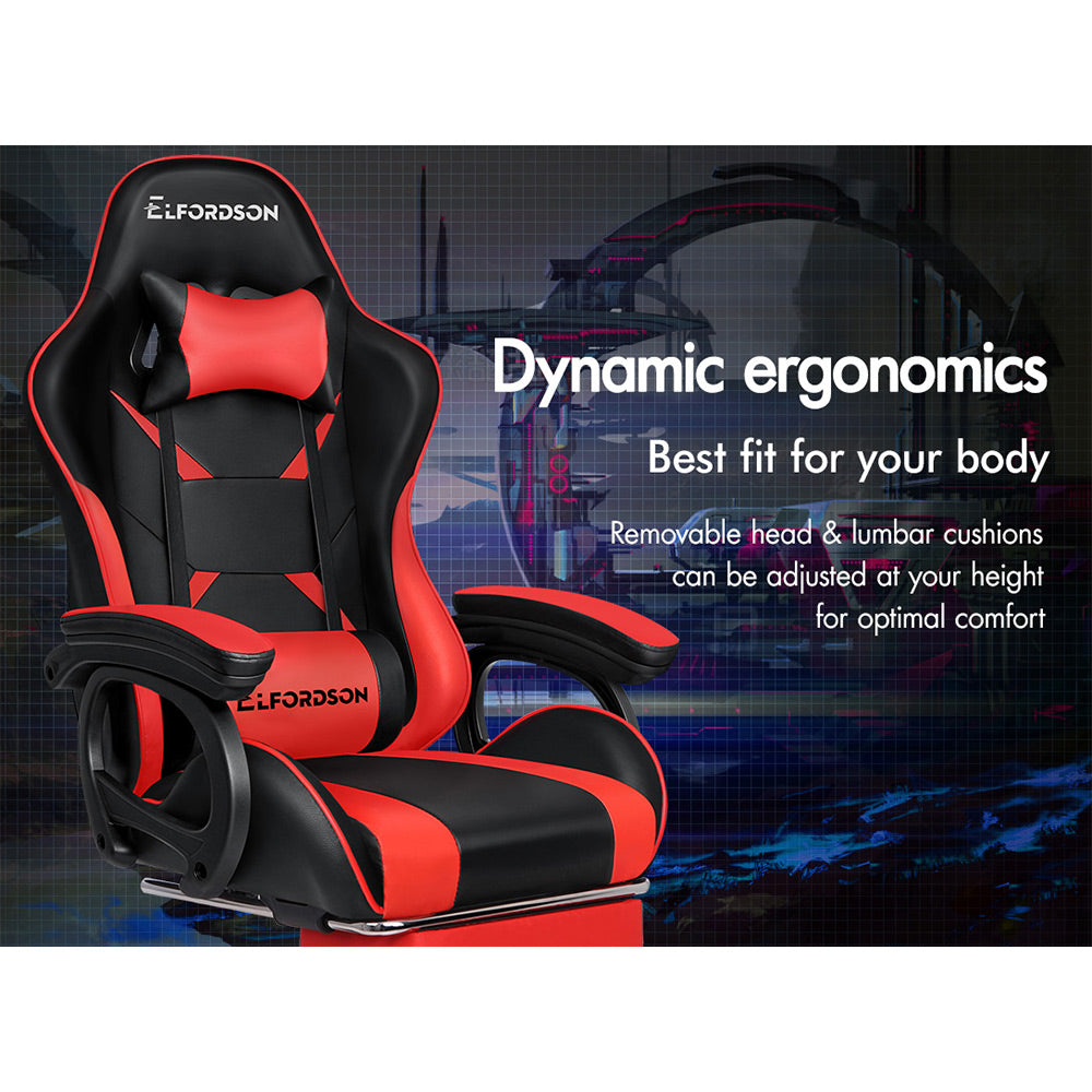 ELFORDSON Gaming Chair Lumbar Massage with Footrest, Red & Black