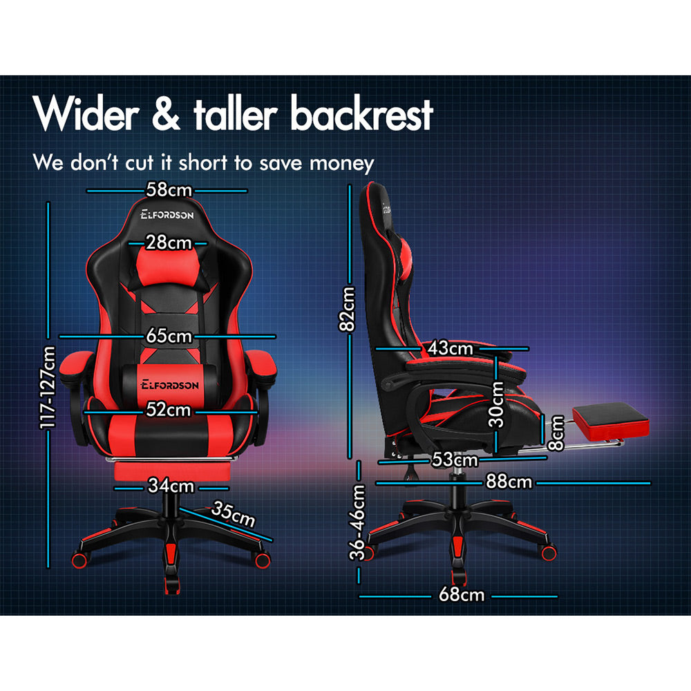 ELFORDSON Gaming Chair Lumbar Massage with Footrest, Red & Black