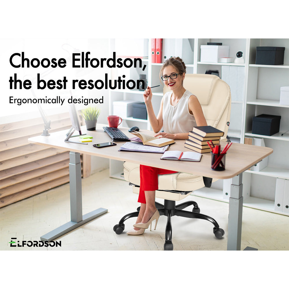 ELFORDSON Massage Office Chair with Footrest Executive Gaming Seat Leather Cream