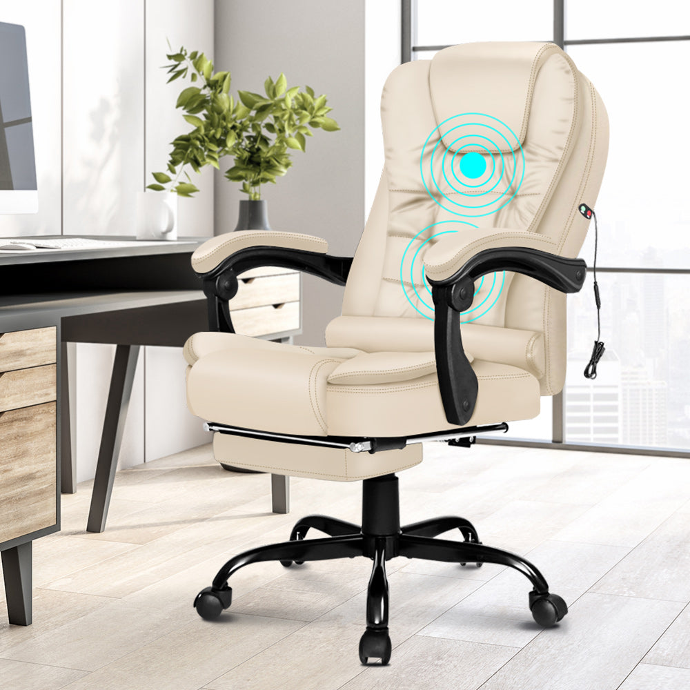 ELFORDSON Massage Office Chair with Footrest Executive Gaming Seat Leather Cream