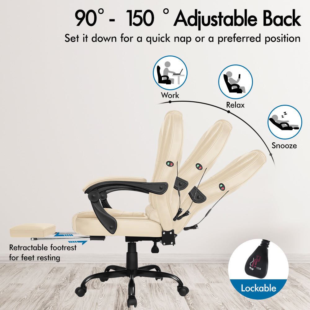 ELFORDSON Massage Office Chair with Footrest Executive Gaming Seat Leather Cream