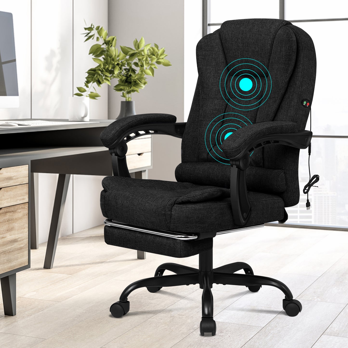 ELFORDSON Massage Office Chair with Footrest Executive Gaming Seat Breathable Fabric Upholstery, Black