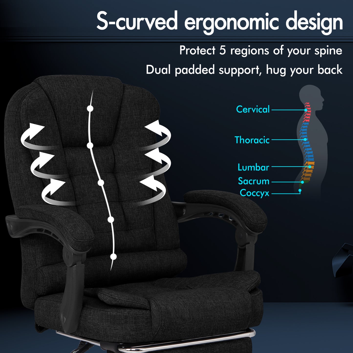 ELFORDSON Massage Office Chair with Footrest Executive Gaming Seat Breathable Fabric Upholstery, Black