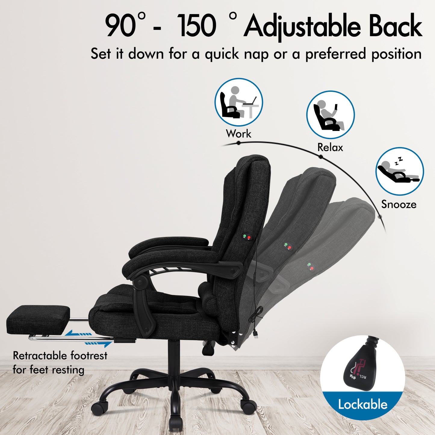 ELFORDSON Massage Office Chair with Footrest Executive Gaming Seat Breathable Fabric Upholstery, Black