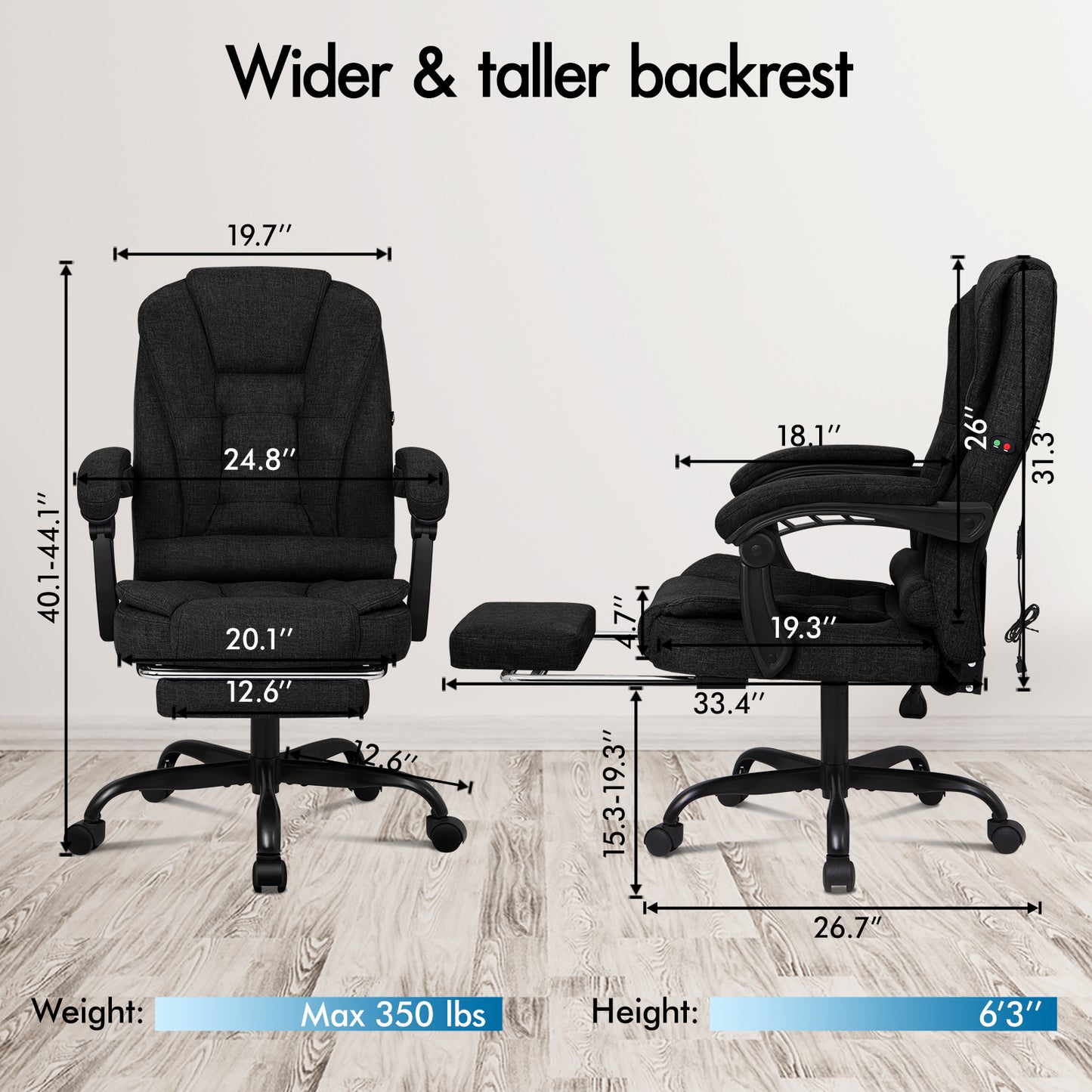ELFORDSON Massage Office Chair with Footrest Executive Gaming Seat Breathable Fabric Upholstery, Black