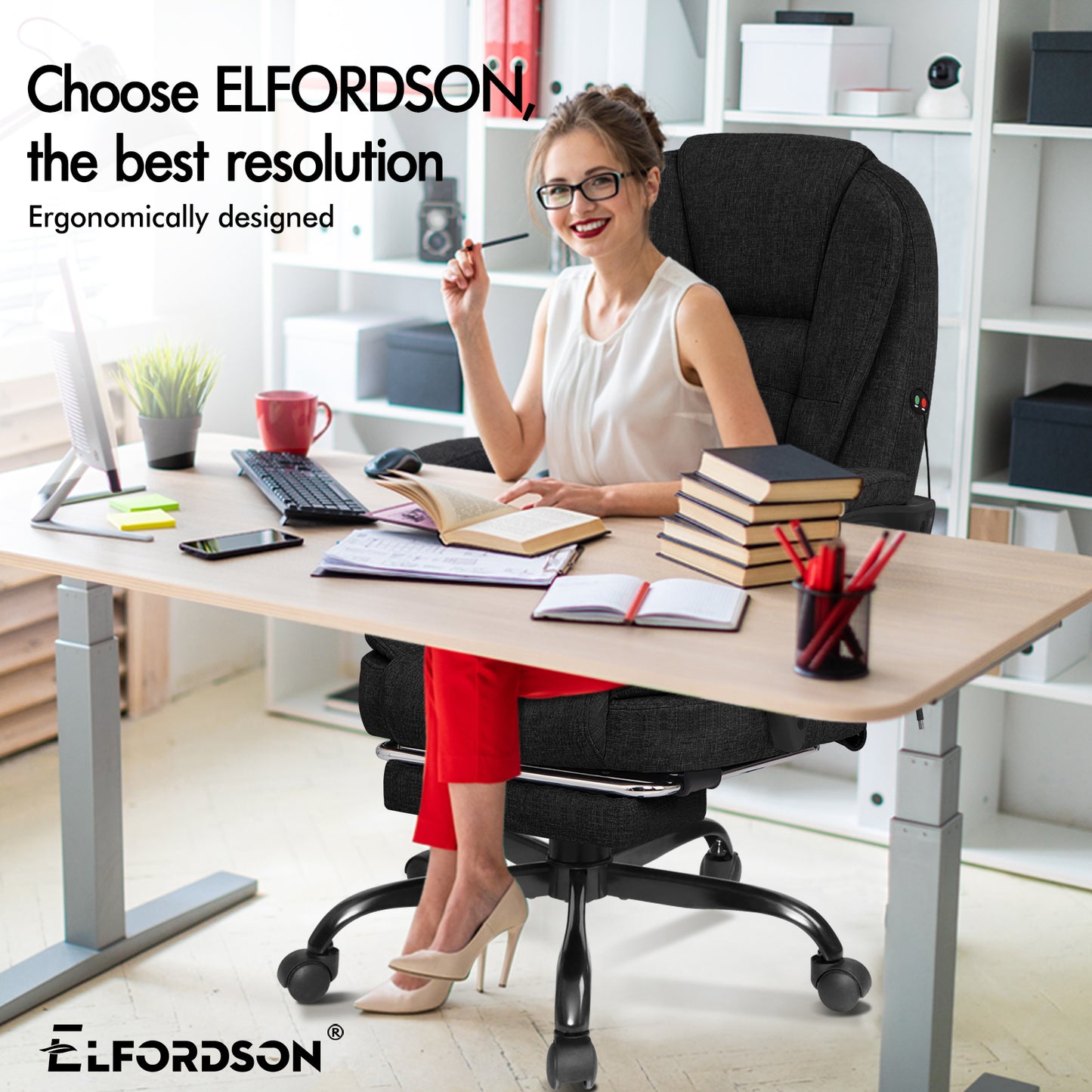 ELFORDSON Massage Office Chair with Footrest Executive Gaming Seat Breathable Fabric Upholstery, Black