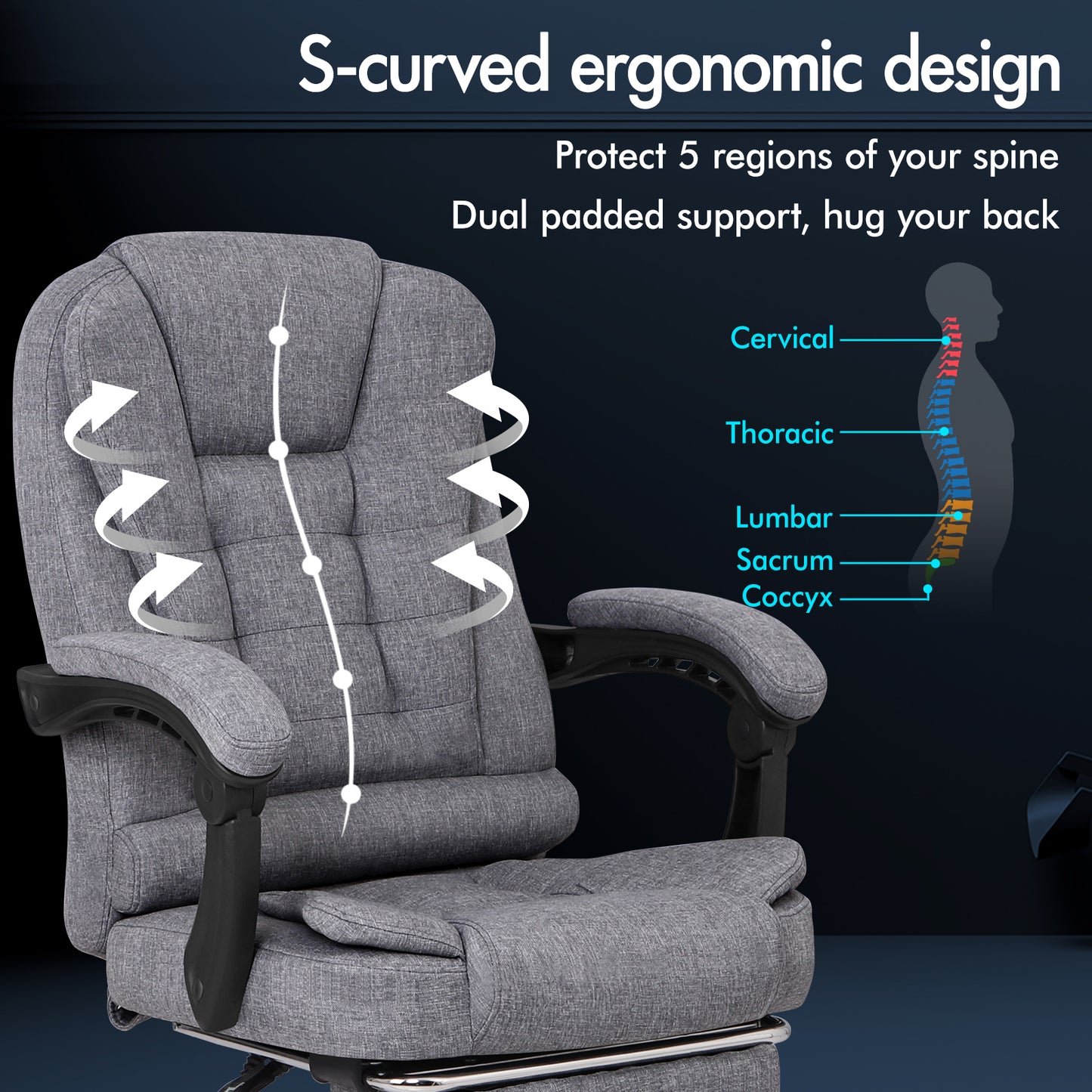 ELFORDSON Massage Office Chair with Footrest Executive Gaming Seat Breathable Fabric Upholstery, Grey