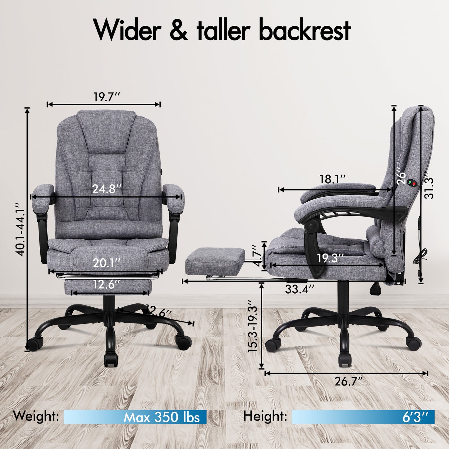 ELFORDSON Massage Office Chair with Footrest Executive Gaming Seat Breathable Fabric Upholstery, Grey