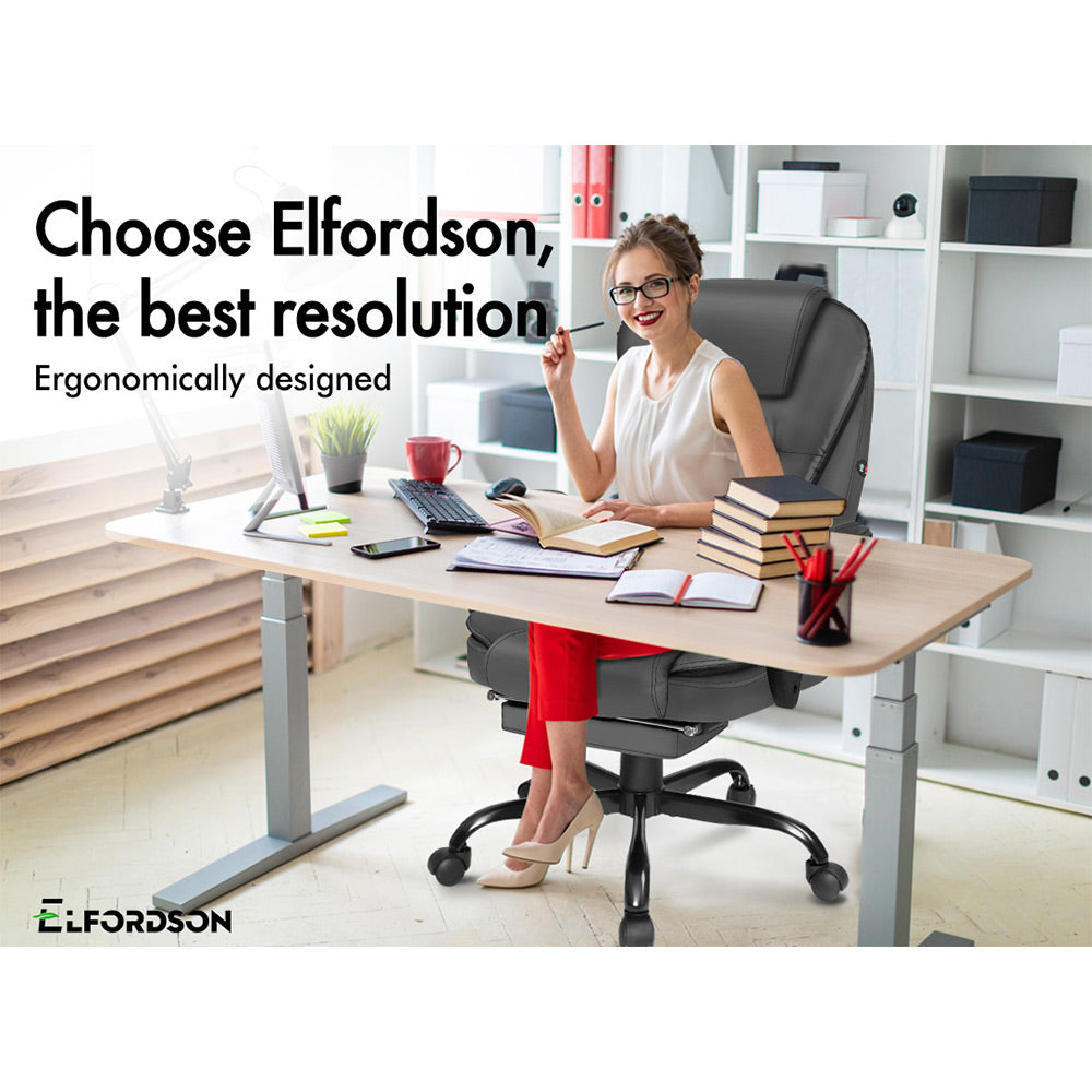 ELFORDSON Massage Office Chair with Footrest Executive Gaming Seat Leather Grey