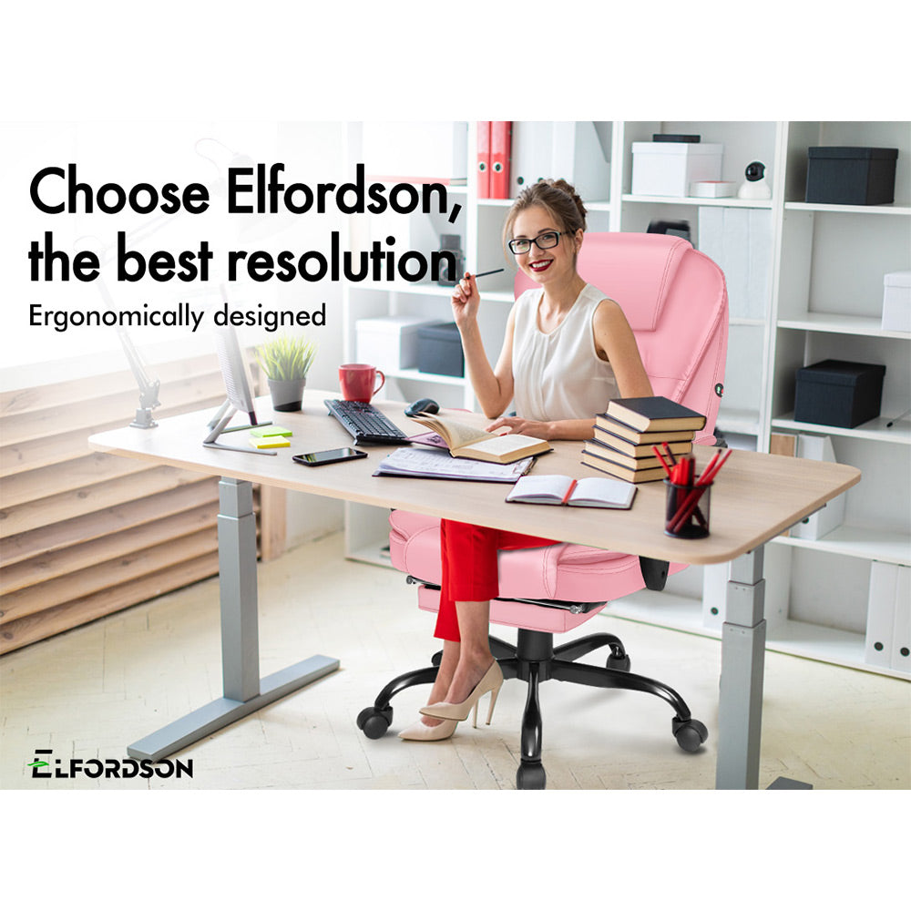 ELFORDSON Massage Office Chair with Footrest Executive Gaming Seat Leather Pink