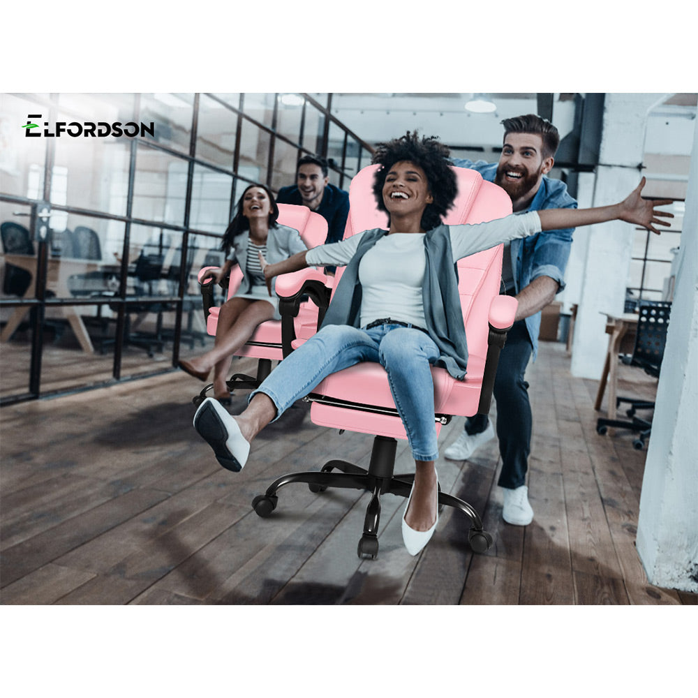 ELFORDSON Massage Office Chair with Footrest Executive Gaming Seat Leather Pink